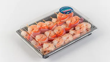 Шашлычки запечённые с тигровыми креветками, красным луком и сладким перцем, 12 шт