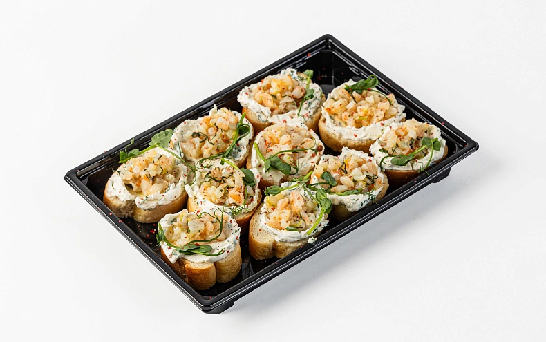Брускетта с тартаром из креветки и творожным сыром, 10 шт.